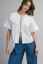 Load image into Gallery viewer, Oversized Collar Eyelet Front Self Tie Blouse
