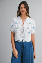 Load image into Gallery viewer, Floral Embroidered Short Sleeve Front Self Tie Top
