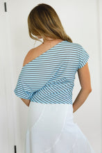 Load image into Gallery viewer, Aure Soft Stretch Jersey Striped Slash Neck Ruched Waist Top
