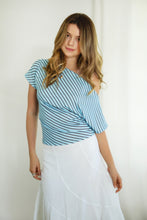 Load image into Gallery viewer, Aure Soft Stretch Jersey Striped Slash Neck Ruched Waist Top
