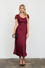 Load image into Gallery viewer, Satin Lace Trim Puff Sleeve Midi Dress
