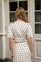Load image into Gallery viewer, Polka Dot Satin V Neck Lace Trim Puff Sleeve Top
