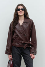 Load image into Gallery viewer, Faux Leather Stand Collar Waist Tie Trench Coat
